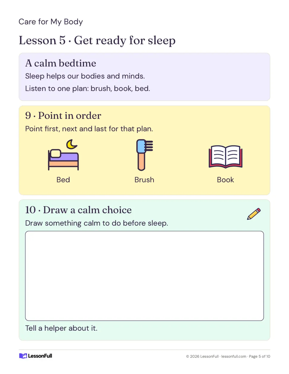 Lesson 5 bedtime: point to bed, brush and book in plan order, then draw a calm thing to do before sleep