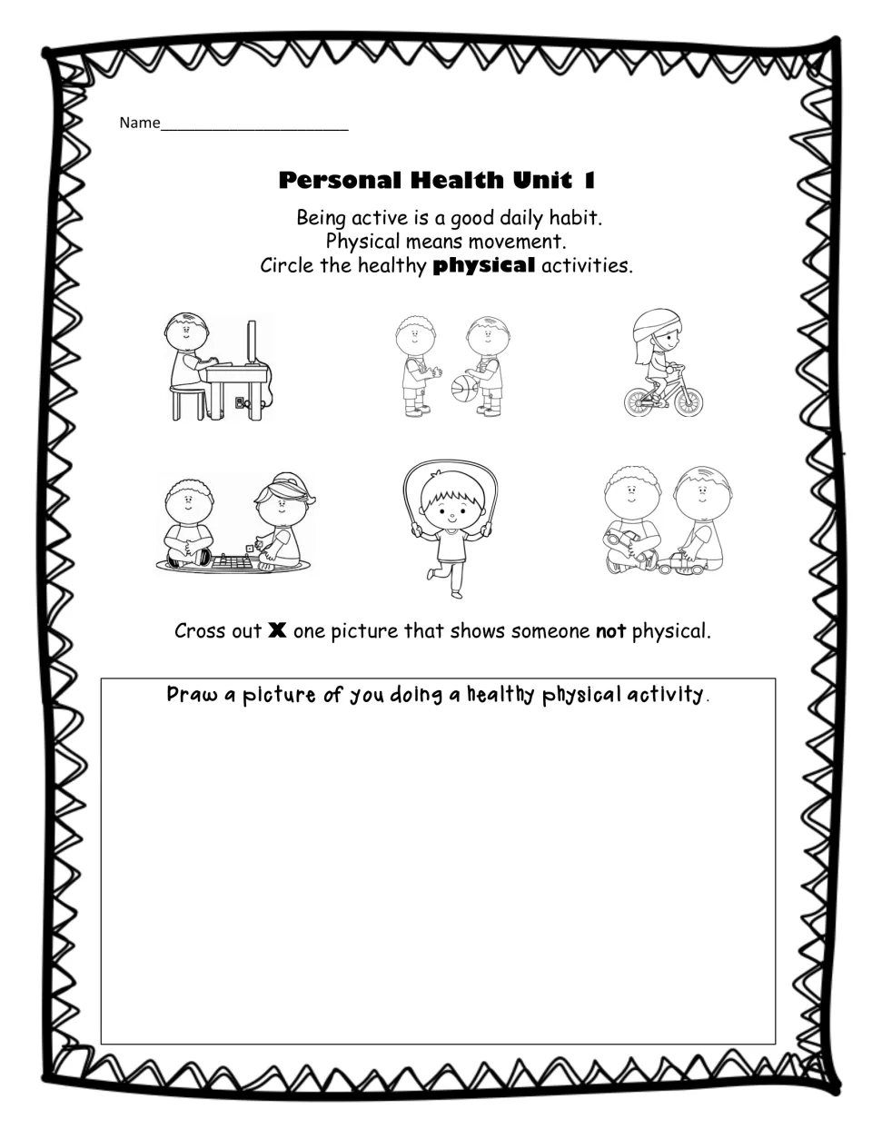 Being active: students circle active pictures like jump rope and biking, cross out one inactive child, then draw themselves