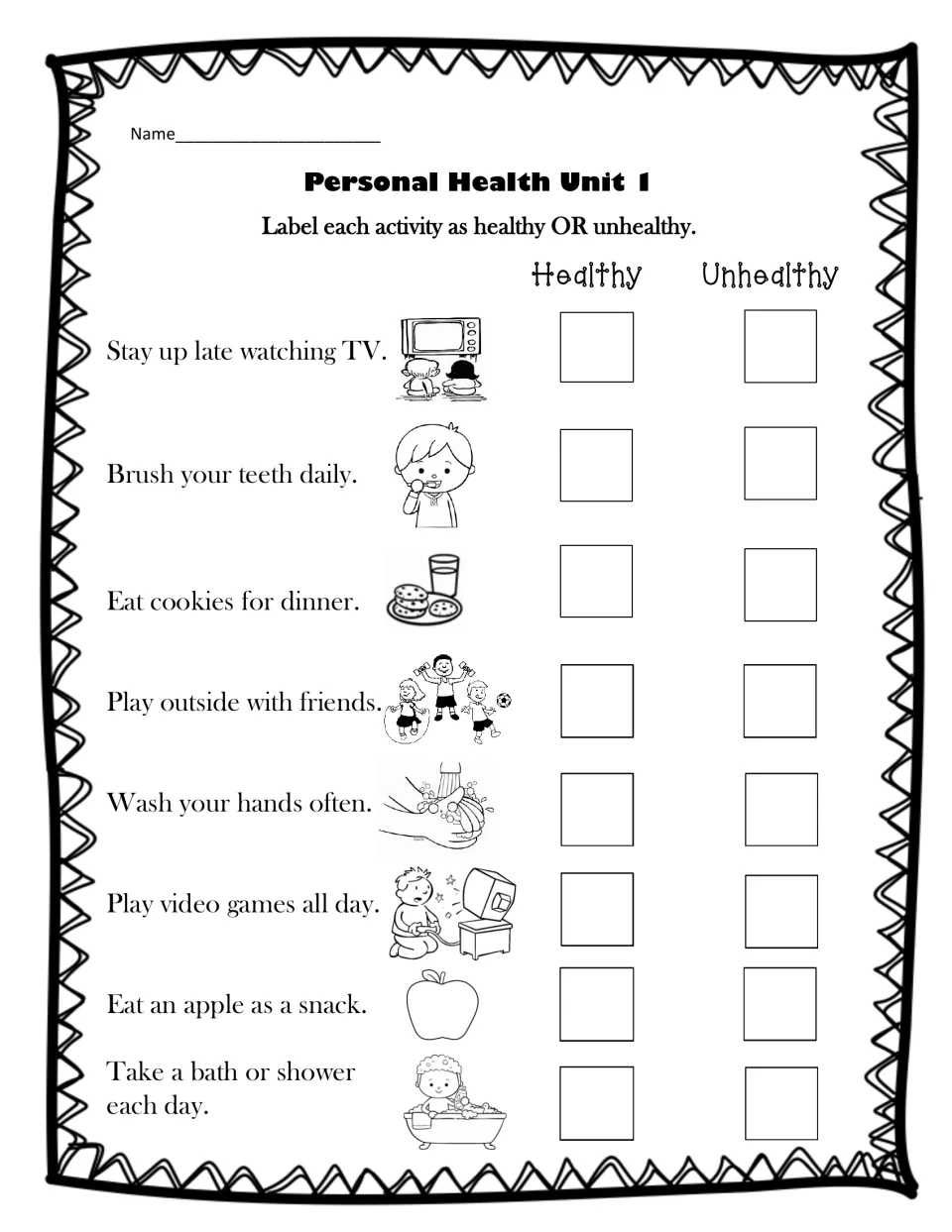 Healthy or unhealthy habits: students check a box for 8 pictured activities, such as brushing teeth or cookies for dinner