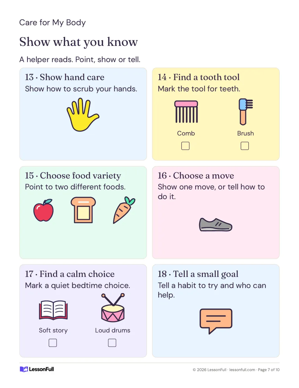 Show what you know check: six picture tasks on hand care, a tooth tool, food variety, a move, calm choice and goal
