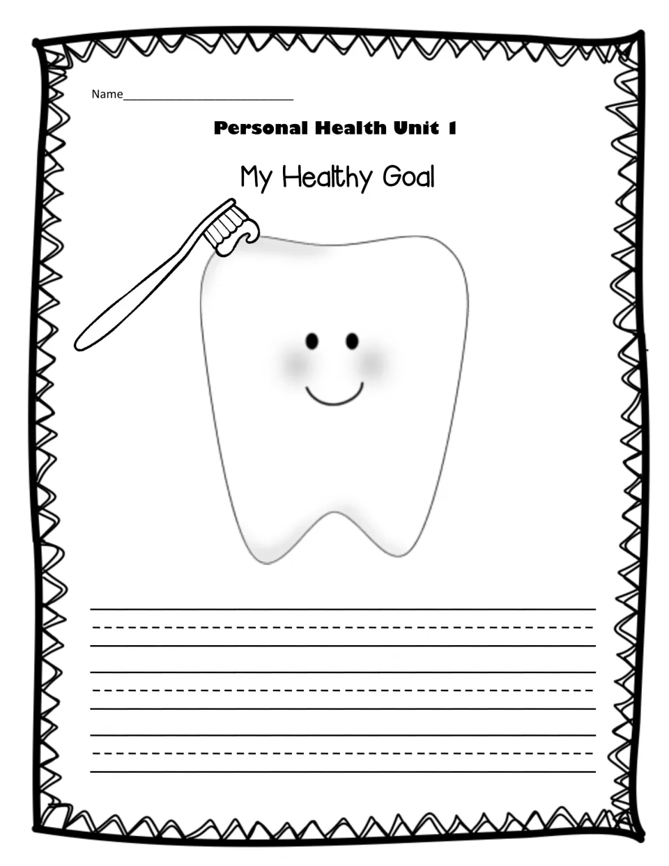 My Healthy Goal writing page: students write their own health goal on blank handwriting lines below a smiling tooth