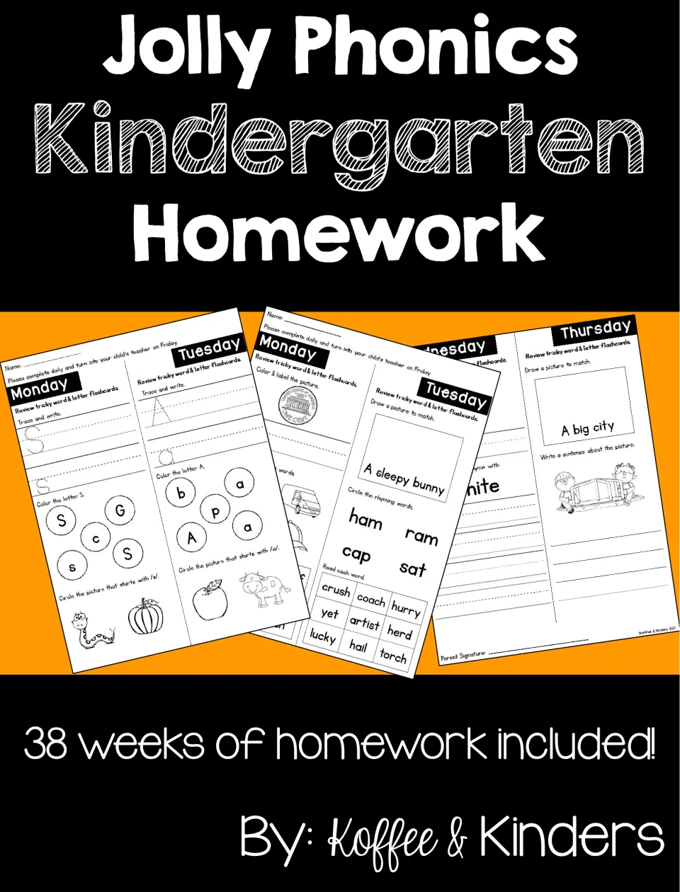 Jolly Phonics Kindergarten Homework cover by Koffee & Kinders with sample daily sheets; says 38 weeks of homework included