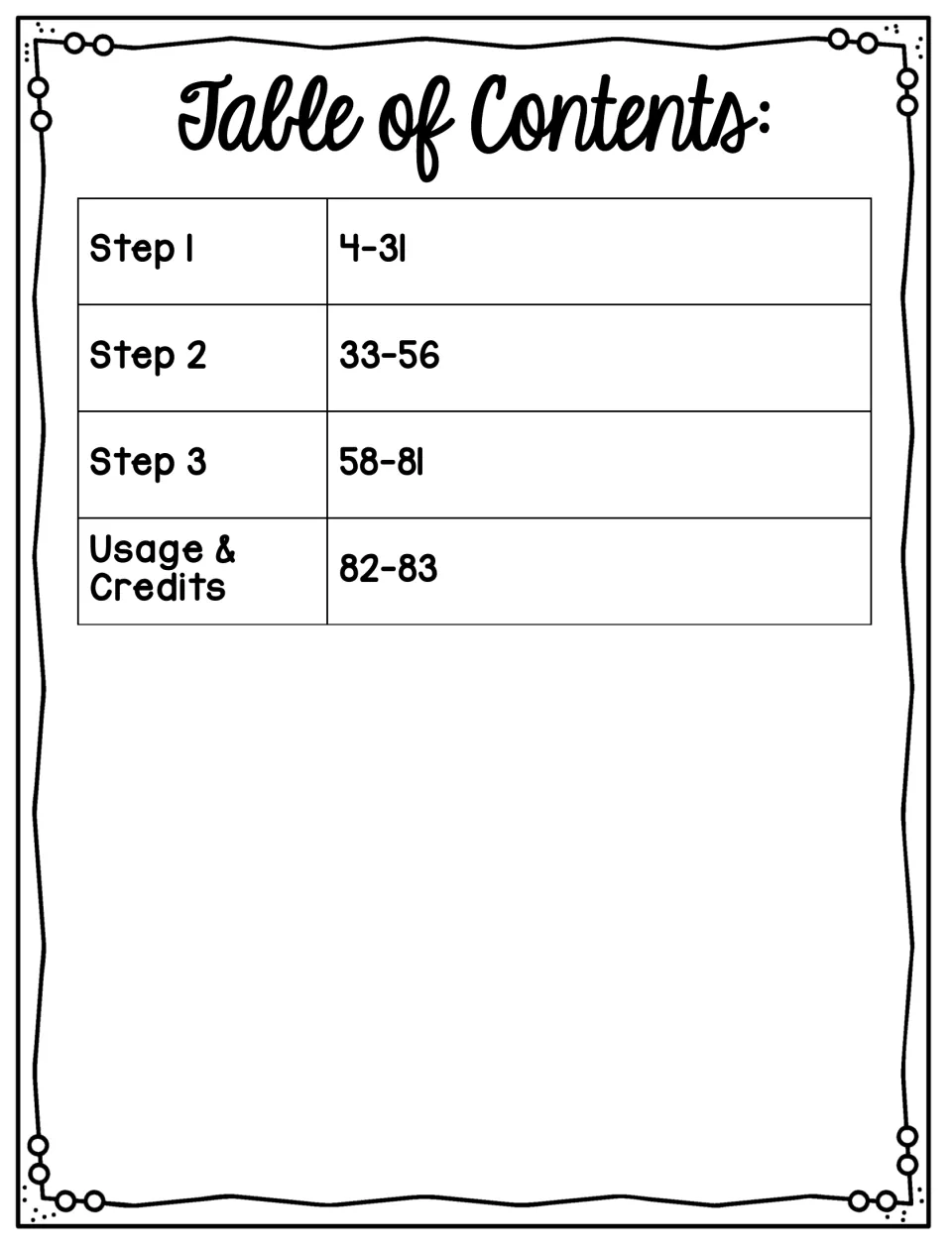 Table of contents listing Step 1 on pages 4-31, Step 2 on 33-56, Step 3 on 58-81, and usage and credits on pages 82-83