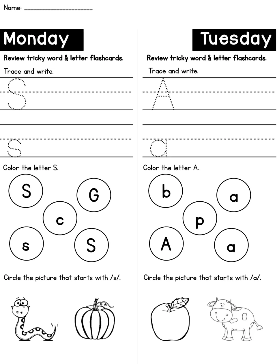 Letters S and A practice: students trace and write each letter, color matches and circle the snake or apple by first sound