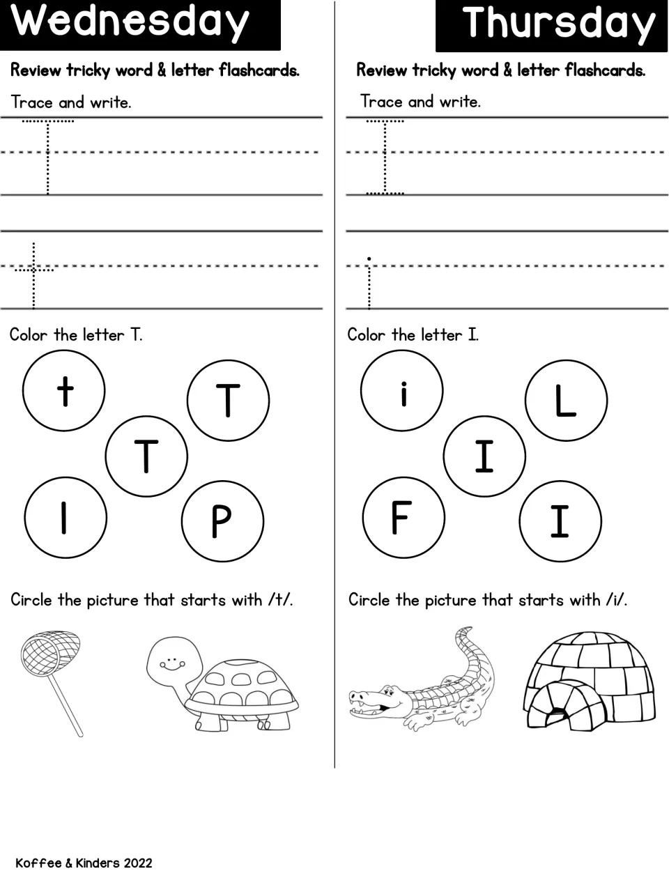 Letters T and I practice: students trace T and I, color each matching letter, then pick the turtle or igloo by first sound