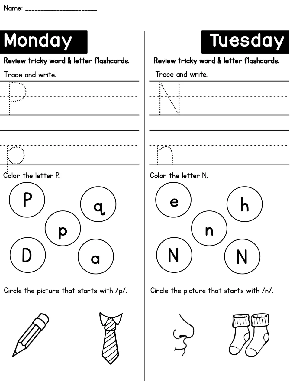 Letters P and N practice: students trace and write P and N, color matching letters, then circle a pencil or nose by sound