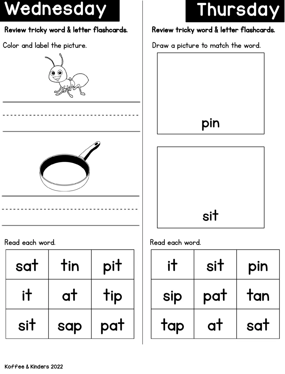 CVC word blending: students color and label an ant and pan, draw pictures for pin and sit, and read words like sat and tip