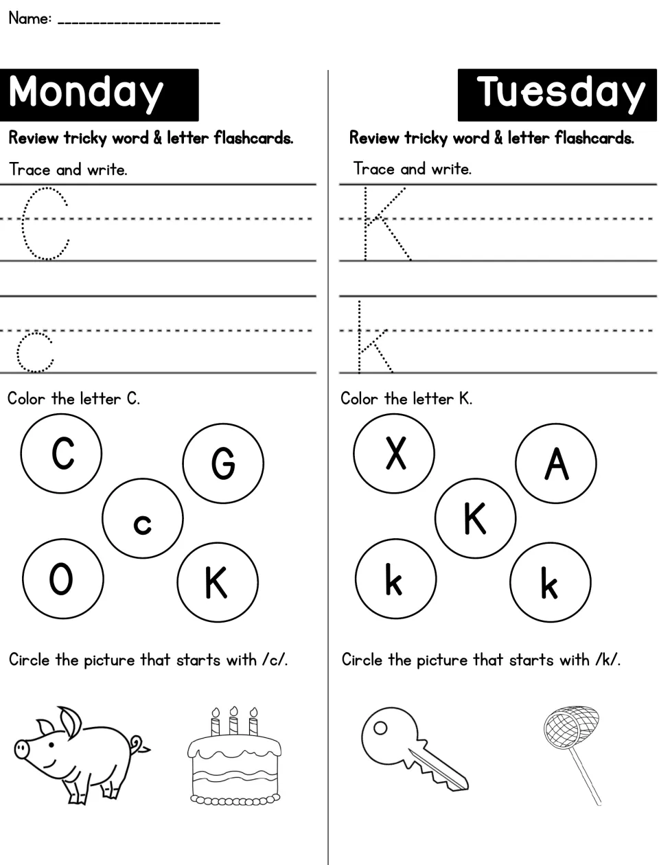 Letters C and K practice: students trace and write C and K, color matching letters, then pick the cake or key by sound