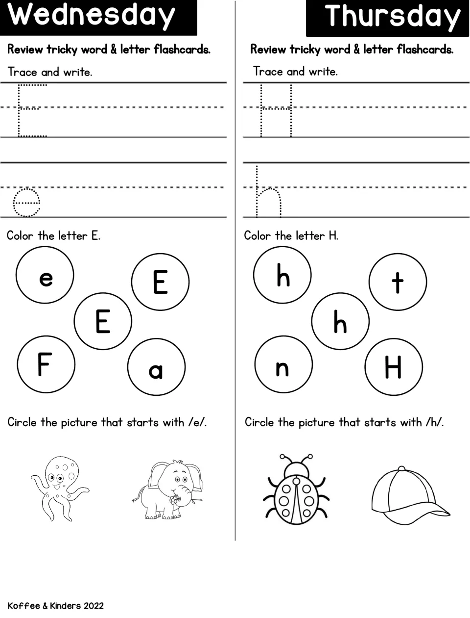 Letters E and H practice: students trace E and H, color each matching letter, and choose the elephant or hat by first sound