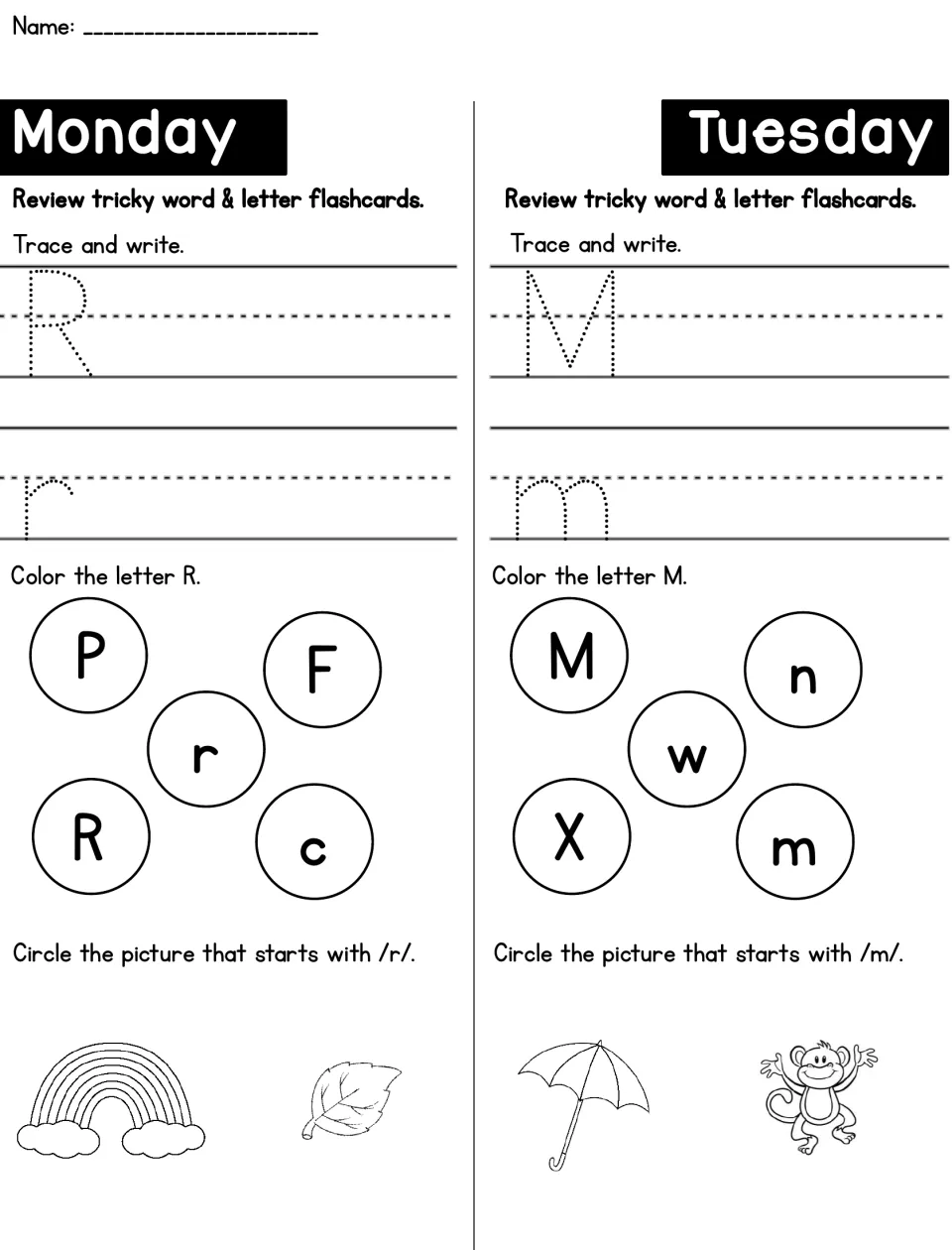 Letters R and M practice: students trace and write R and M, color matching letters, then circle the rainbow or monkey