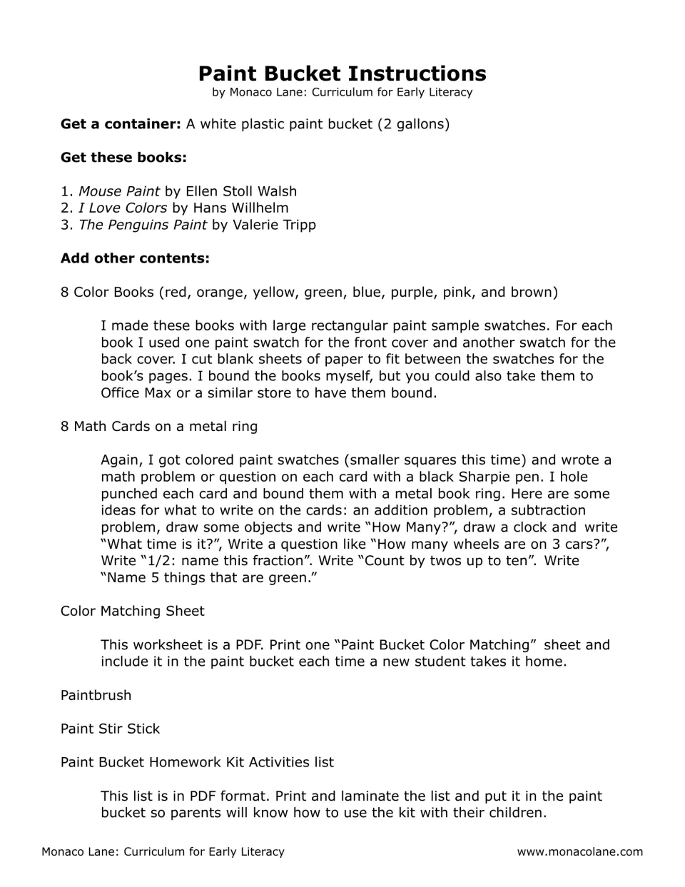 Paint Bucket instructions: three color books to gather, plus how to make paint-swatch color books and 8 math cards