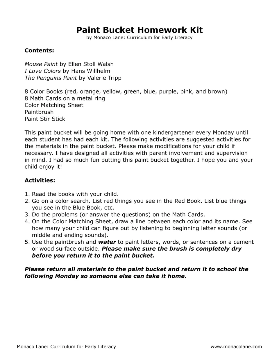 Paint Bucket kit parent list: contents and five home activities, from a color search to painting letters with water