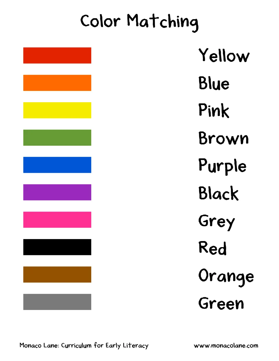 Color Matching: children draw a line from each of 10 color bars to its color word, using beginning letter sounds