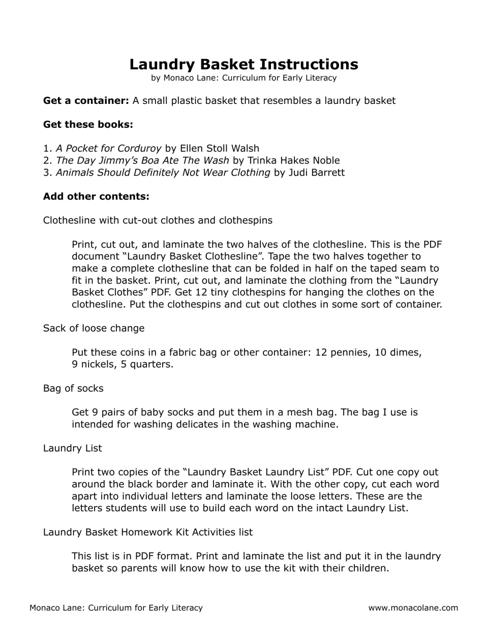 Laundry Basket instructions: three clothing books, a cut-out clothesline, coins, baby socks and a letter-built word list