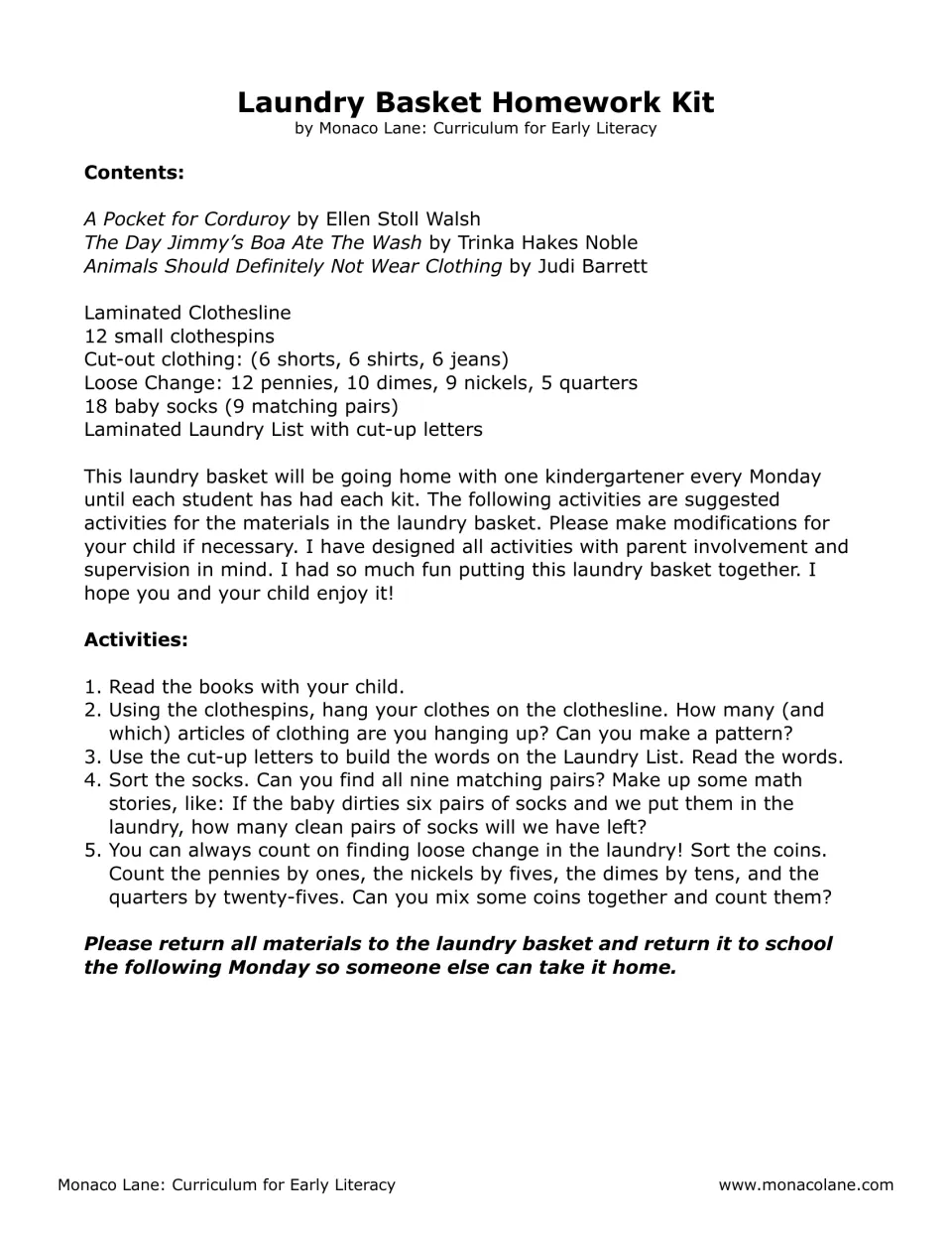 Laundry Basket kit parent list: hang clothes in patterns, build words, match sock pairs and skip-count coins