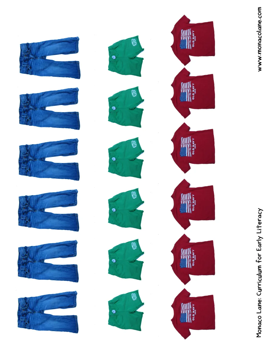 Cut-out clothing for the clothesline: 6 blue jeans, 6 green shorts and 6 red flag T-shirts to hang, count and pattern