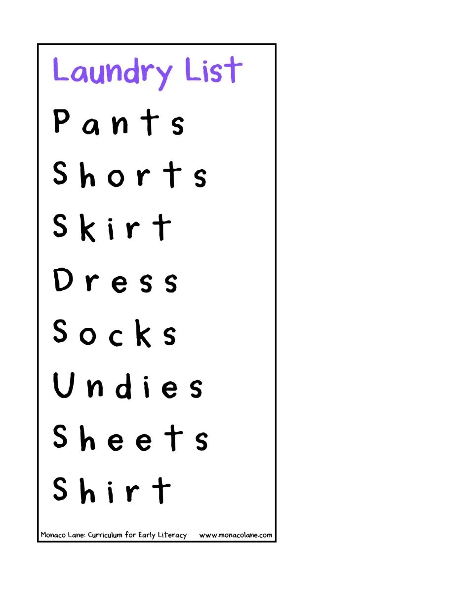 Laundry List word card: Pants, Shorts, Skirt, Dress, Socks, Undies, Sheets, Shirt, rebuilt with loose letters