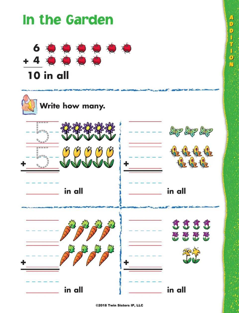 In the Garden: students count pictured ladybugs, flowers, butterflies and carrots and write each addition sum up to 10