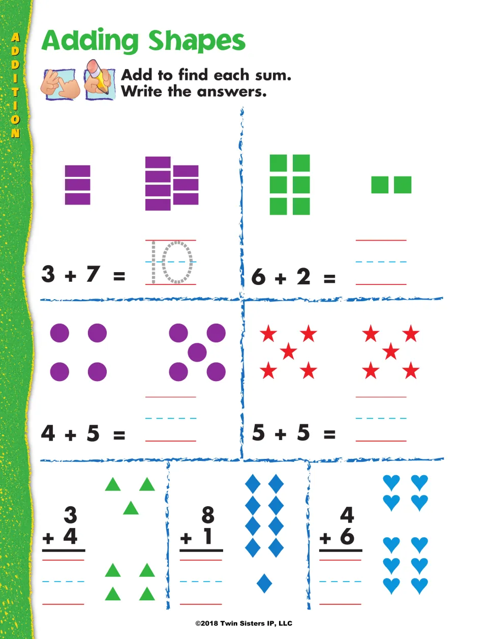 Adding Shapes: students count colored squares, dots, stars, triangles and hearts to solve sums such as 3 + 7 and 4 + 6