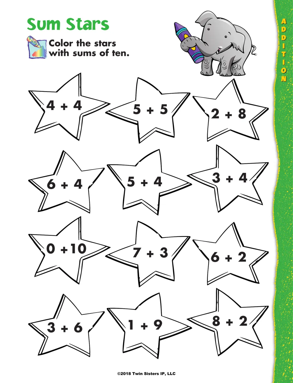 Sum Stars: students solve 12 addition facts in stars and color only the stars whose sums make ten, like 2 + 8 and 7 + 3