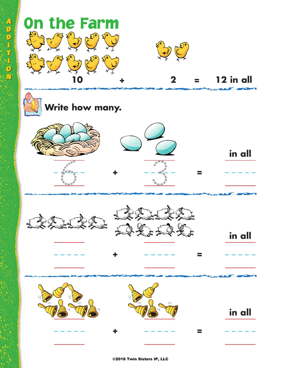 On the Farm: students count chicks, eggs, sheep and bells, then write the addends and total for each sum up to 12