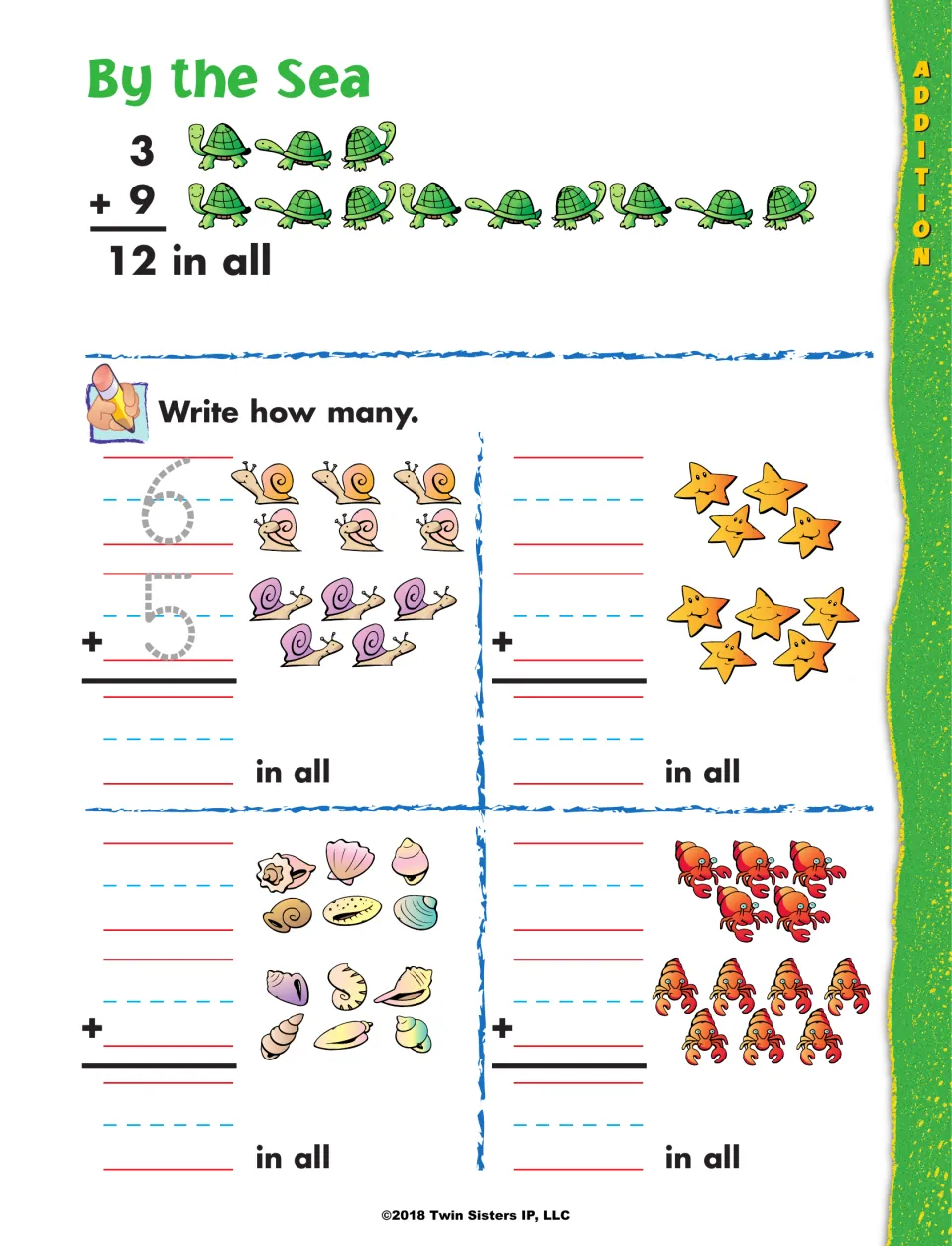 By the Sea: students count snails, starfish, seashells and crabs in two groups and write each vertical addition sum