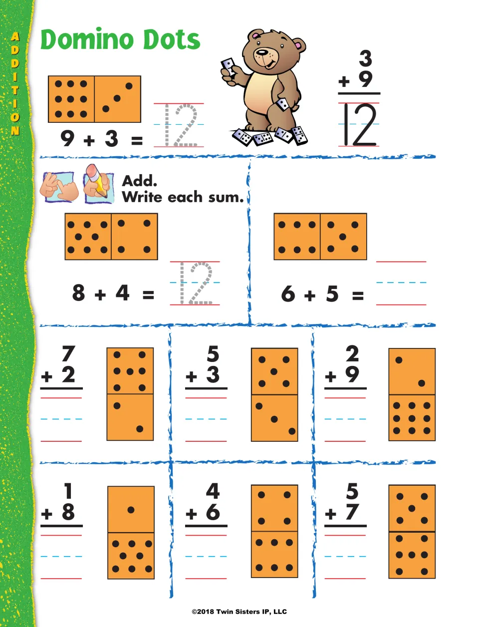 Domino Dots: students count the dots on each domino half to add facts such as 8 + 4, 6 + 5 and 5 + 7 and write each sum