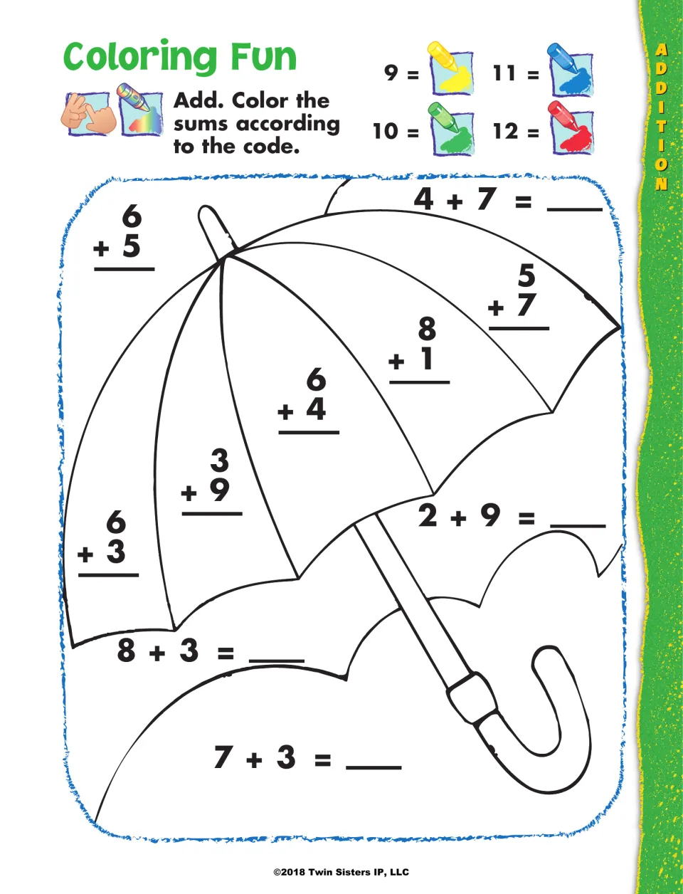 Coloring Fun: students solve addition facts on an umbrella picture and color each part by sum using a 9, 10, 11, 12 code