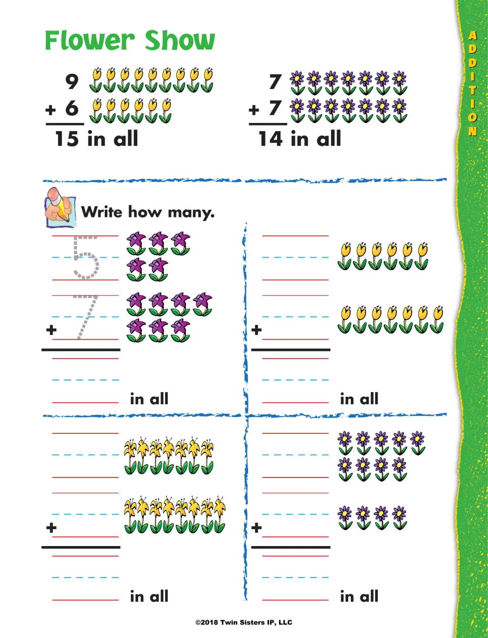 Flower Show: students count two groups of tulips, lilies and daisies and write vertical addition facts with totals to 15