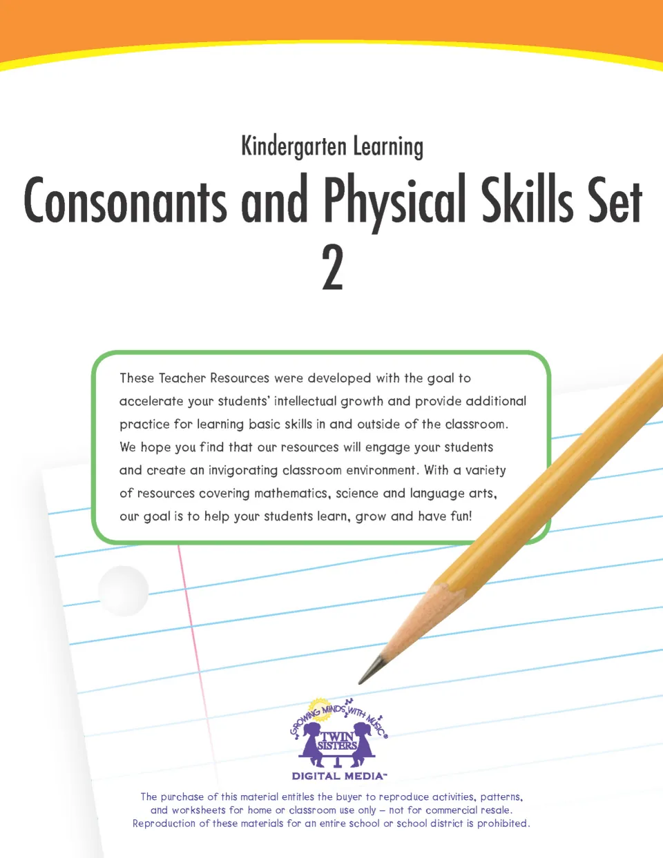 Cover: Kindergarten Learning Consonants and Physical Skills Set 2 by Twin Sisters, with a short note to teachers