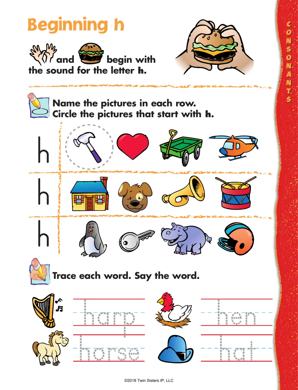 Beginning h: students circle pictures that start with h, such as hammer and hippo, then trace harp, horse, hen and hat