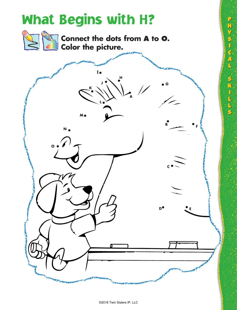 What Begins with H? dot-to-dot: students connect the dots from A to O to finish a chalkboard drawing, then color it