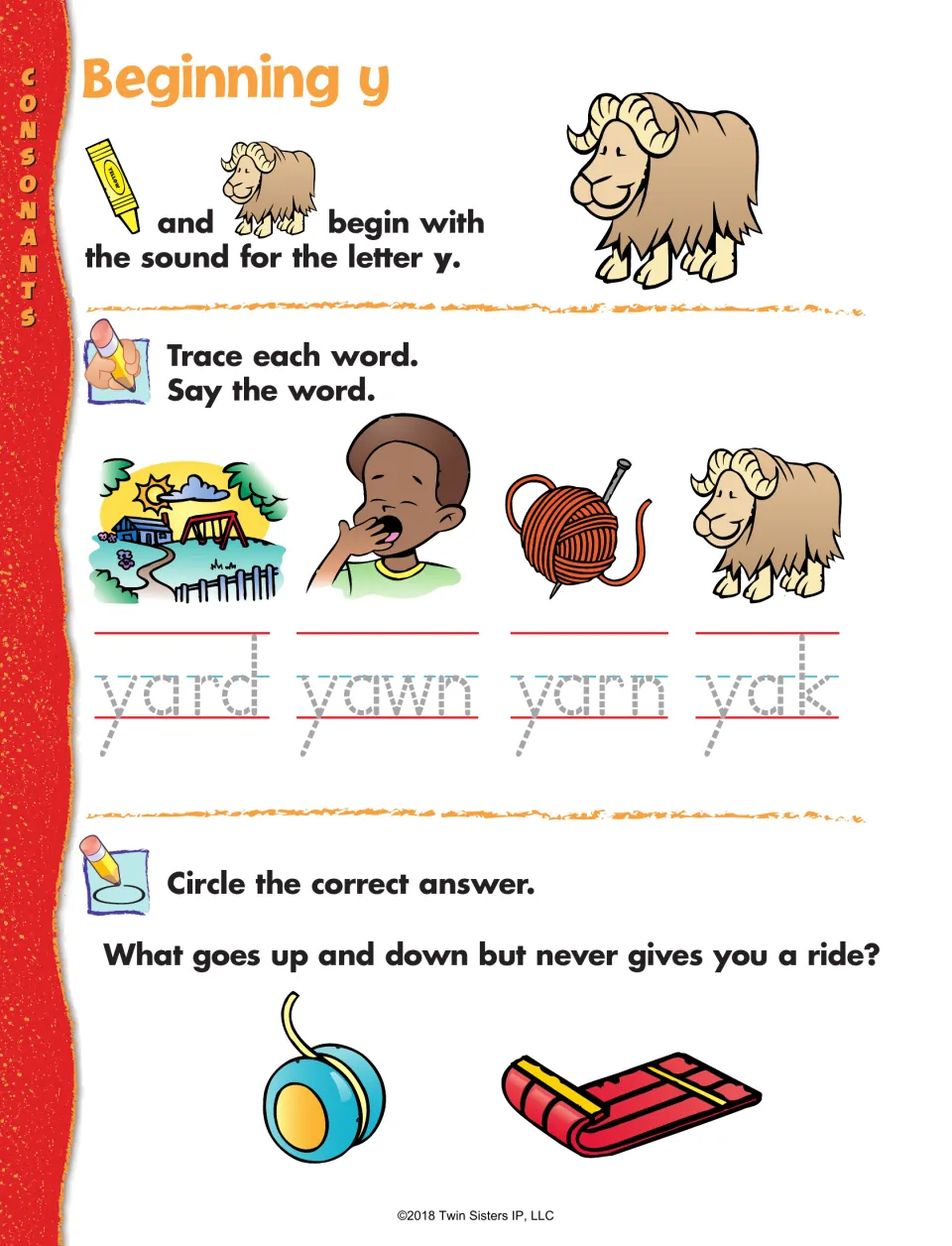 Beginning y: students trace yard, yawn, yarn and yak, then solve an up-and-down riddle by circling yo-yo or sled