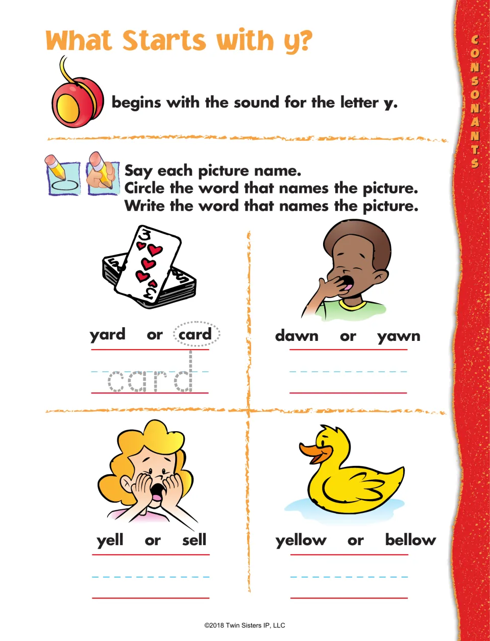 What Starts with y? Students circle and write the word naming each picture, choosing among card, yawn, yell and yellow