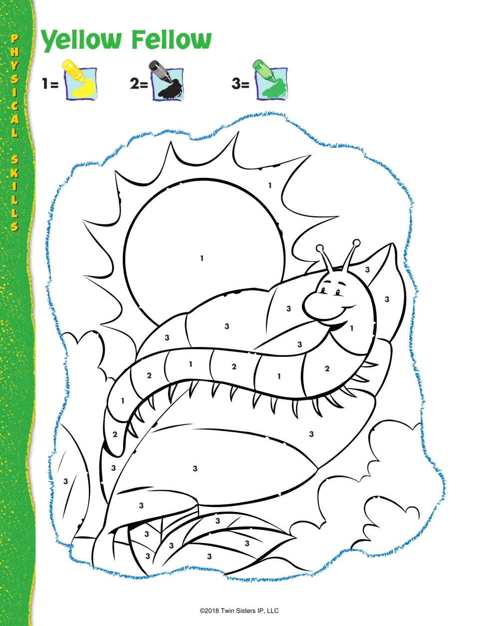 Yellow Fellow color-by-number: students color a caterpillar on a leaf under the sun using 1 yellow, 2 black, 3 green