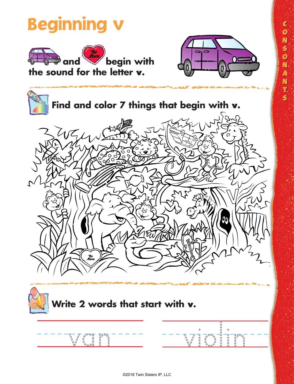 Beginning v: students find and color 7 things starting with v in a jungle scene, then trace van and violin