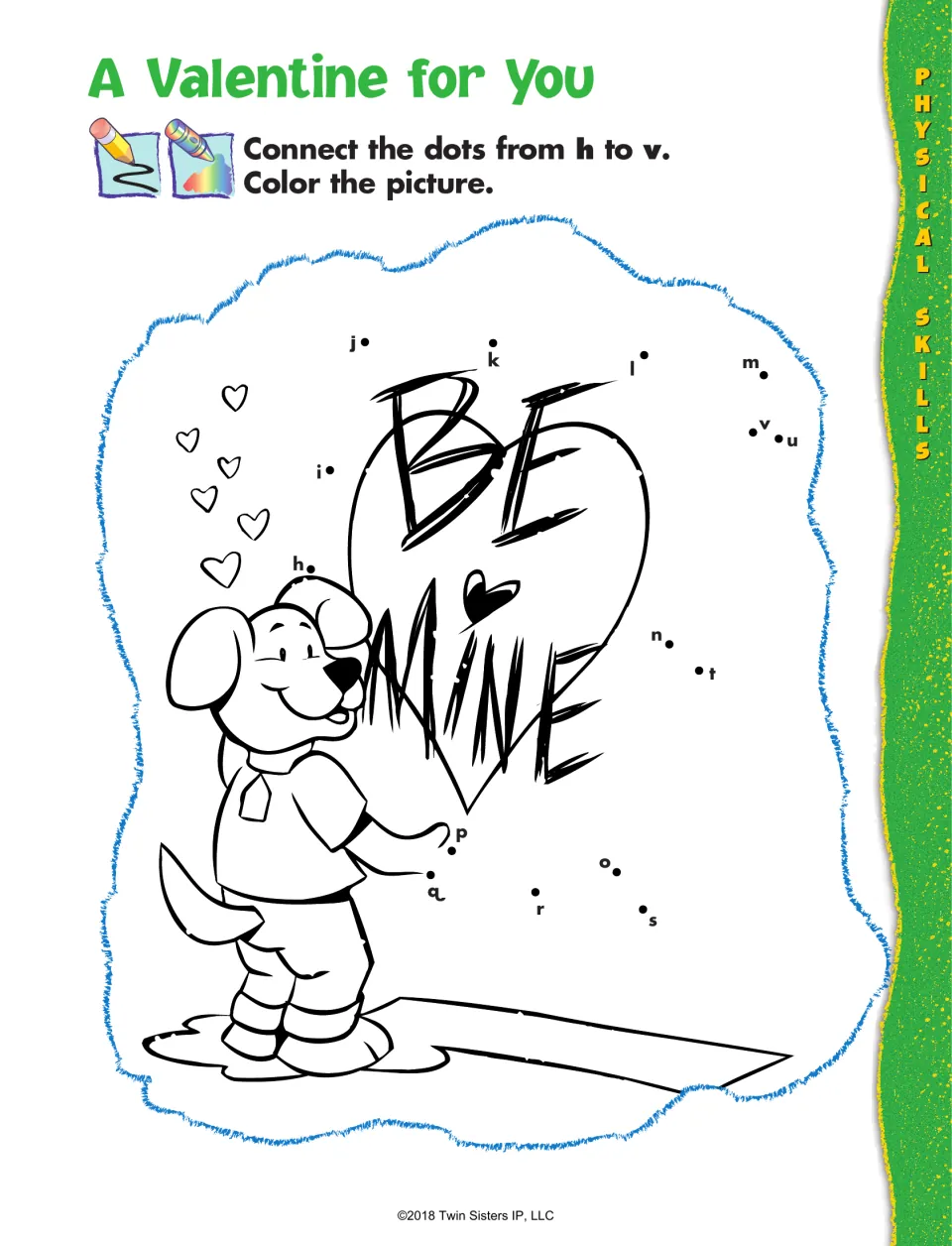 A Valentine for You dot-to-dot: students connect letters from h to v around a dog holding a Be Mine heart, then color
