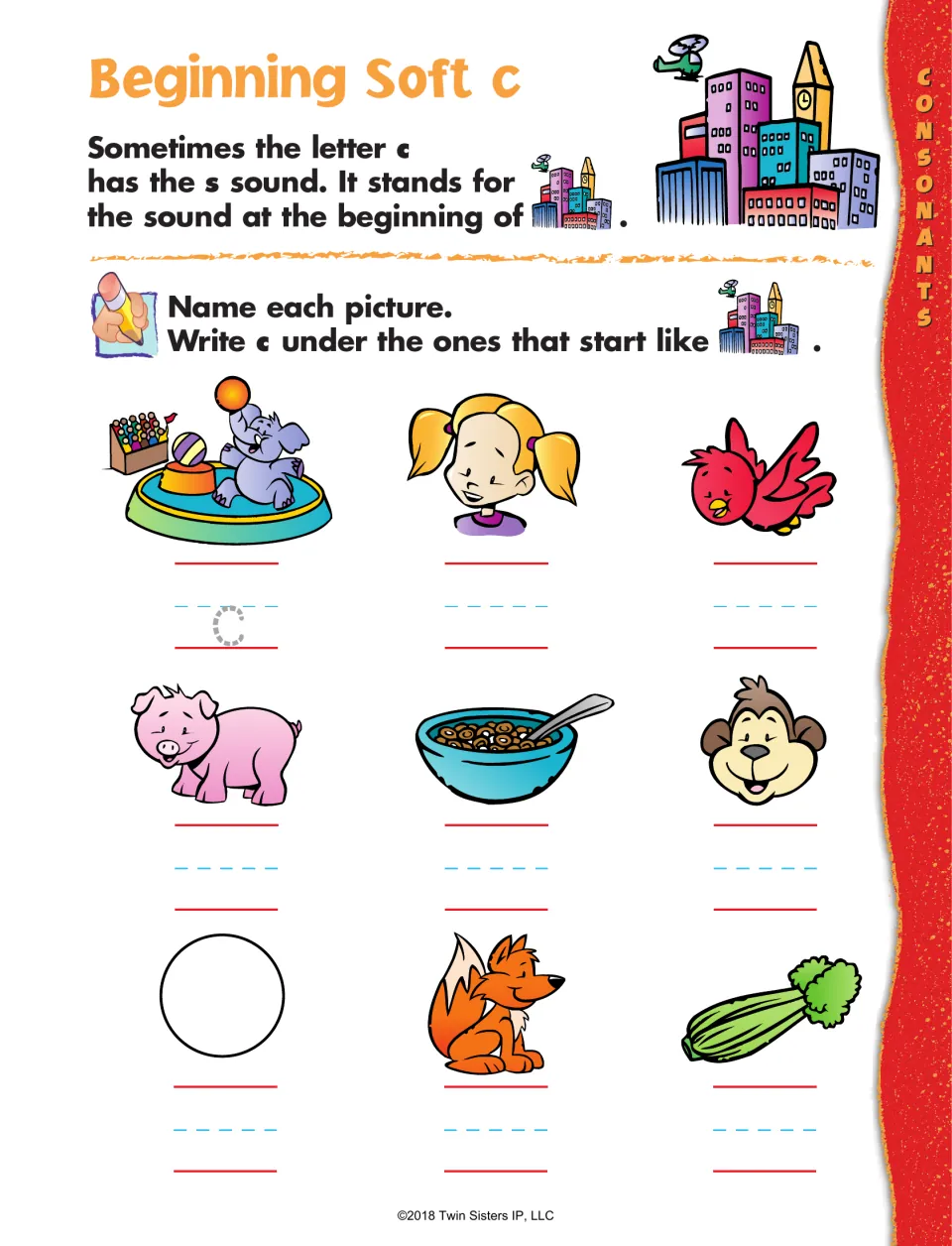 Beginning soft c: students name nine pictures and write c under the ones that start like city, such as circus and cereal