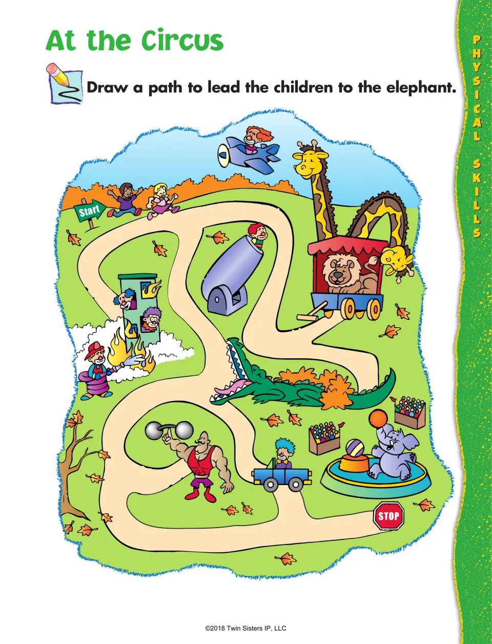 At the Circus maze: students draw a path from Start past a cannon, lion wagon and alligator to the elephant