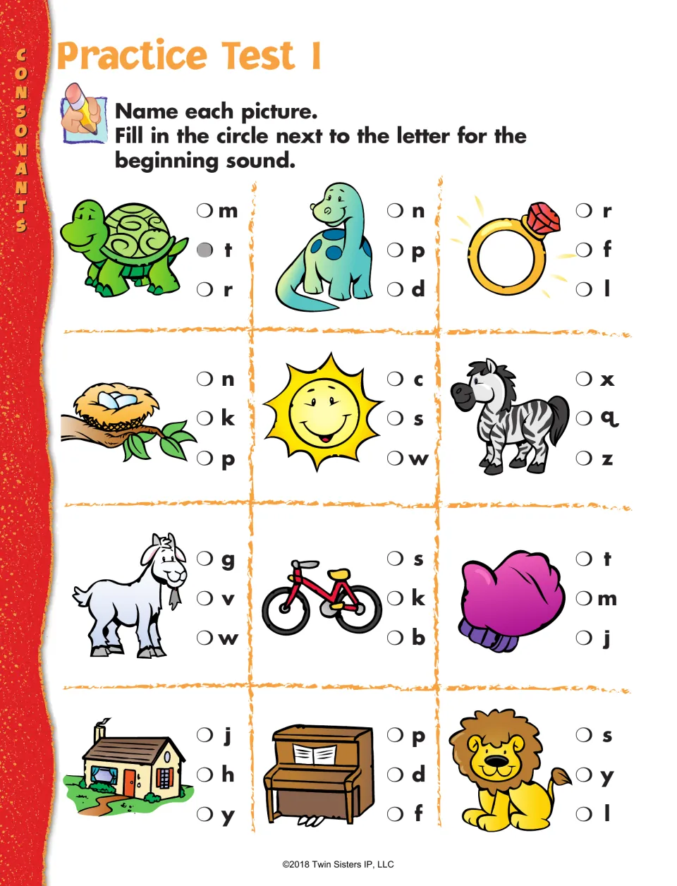 Practice Test 1 on beginning sounds: students name 12 pictures such as turtle, ring and zebra and fill in the first letter