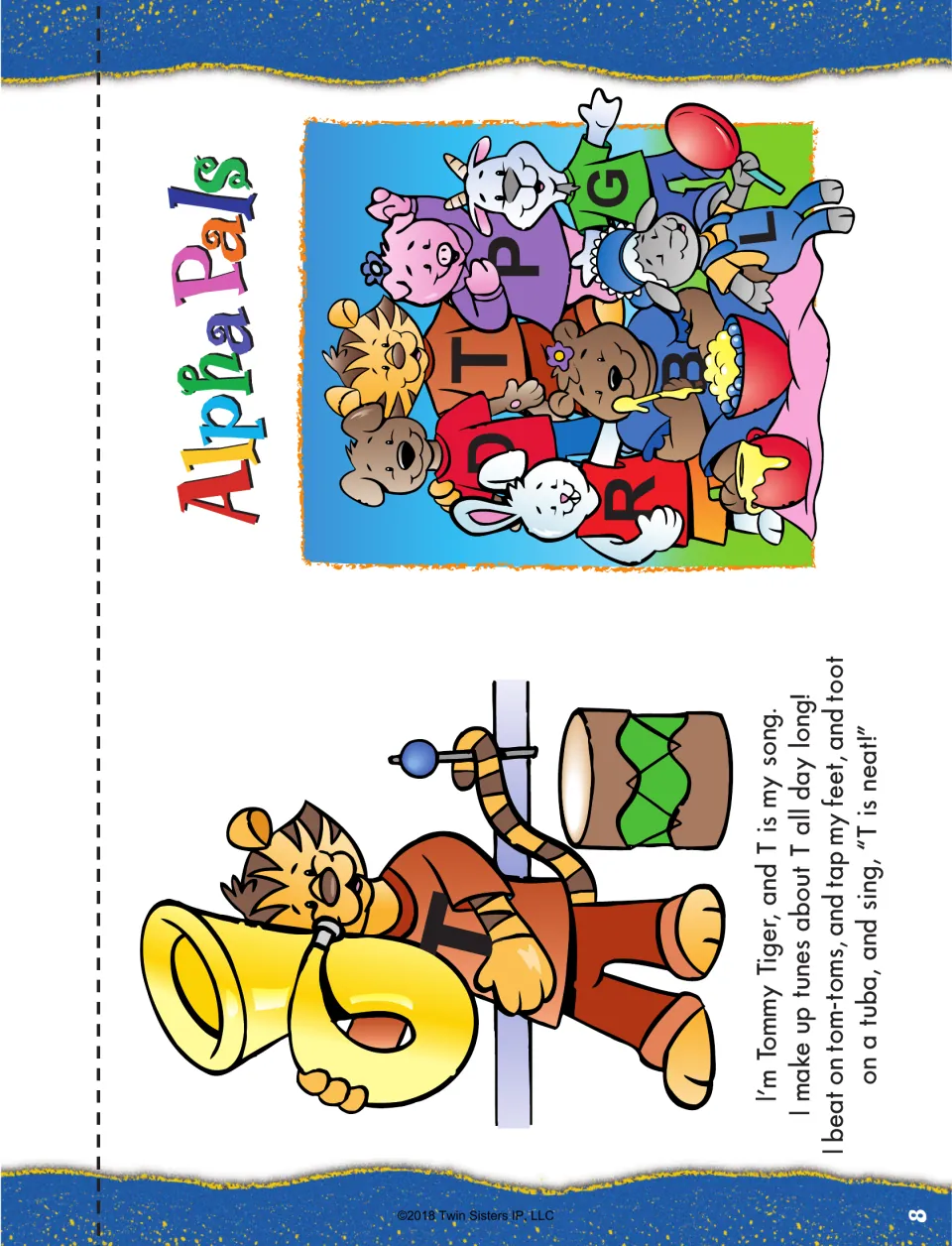 Alpha Pals mini-book cut-out piece: cover of animals in letter shirts and Tommy Tiger playing tuba and tom-tom for T