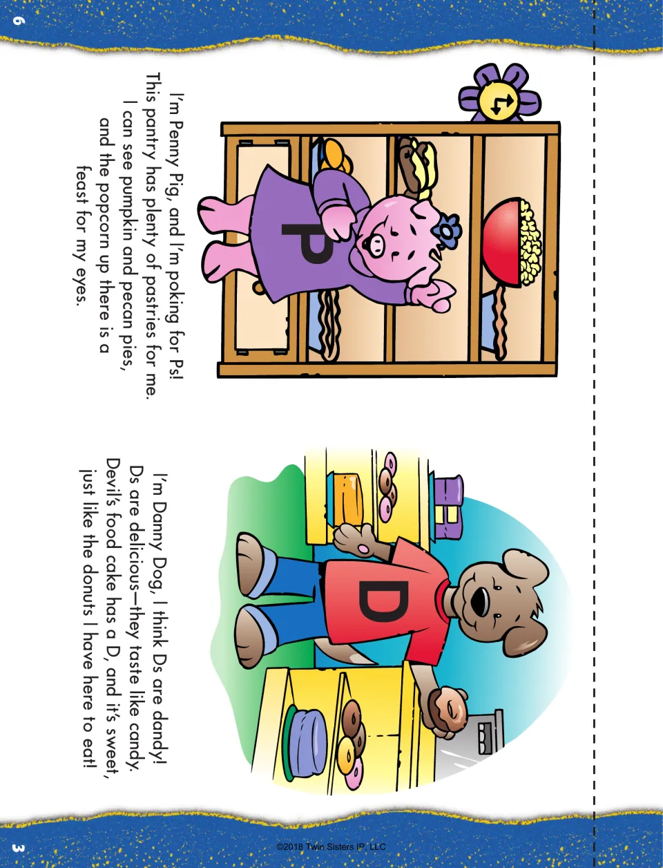 Alpha Pals mini-book cut-out piece: Penny Pig finds pies and popcorn for P and Danny Dog eats donuts for D in short rhymes