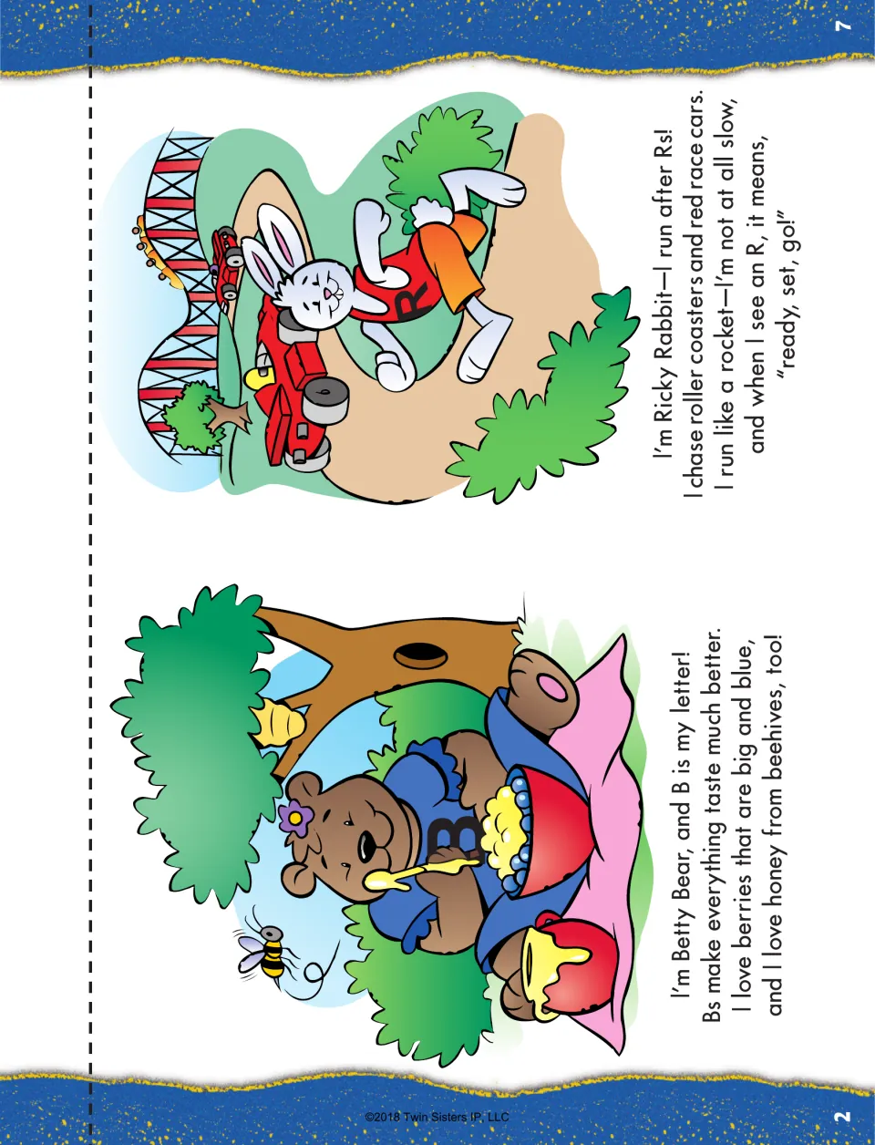 Alpha Pals mini-book cut-out piece: Betty Bear loves berries and honey for B, and Ricky Rabbit races cars for letter R