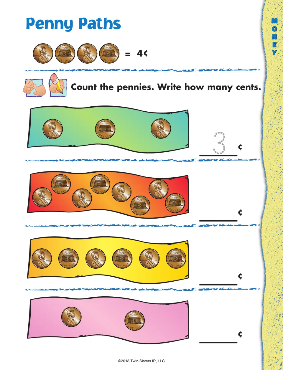 Penny Paths: students count the pennies on four colored paths and write the total in cents, with 3¢ traced as a model