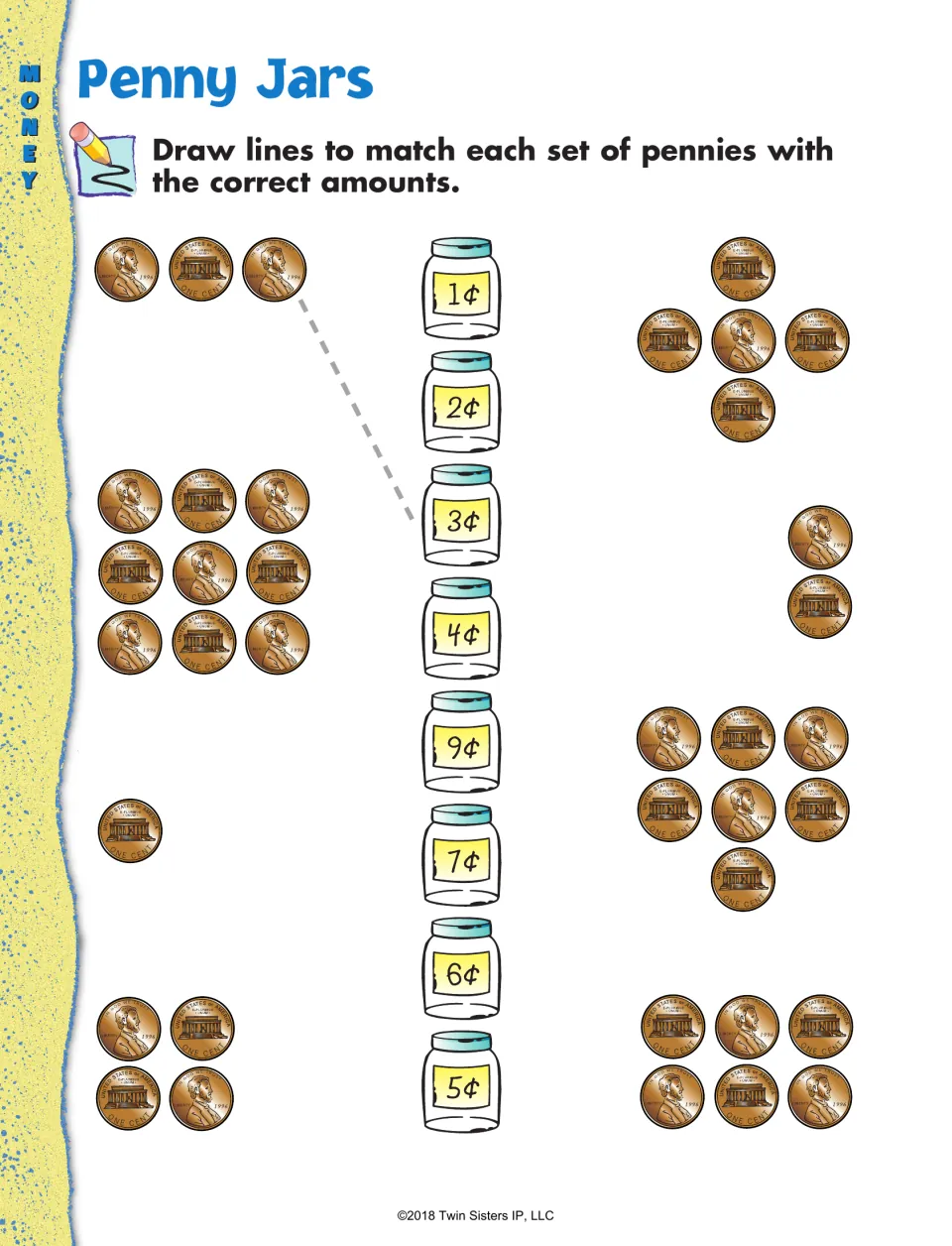 Penny Jars: students draw lines to match each set of pennies with a jar labeled 1¢ to 9¢, practising counting to 9