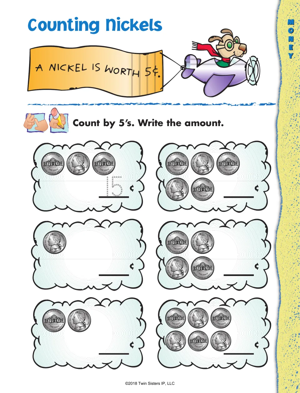 Counting Nickels: a nickel is worth 5¢; students skip count by 5s to total six groups of nickels, with 15¢ traced
