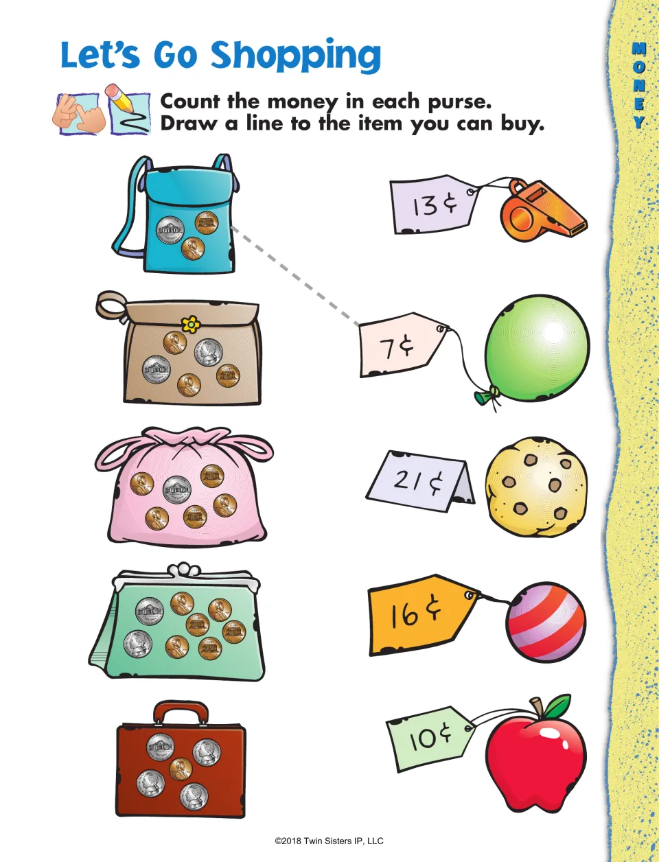 Let's Go Shopping: students count coins in five bags and draw a line to the item they can buy, priced 7¢ to 21¢