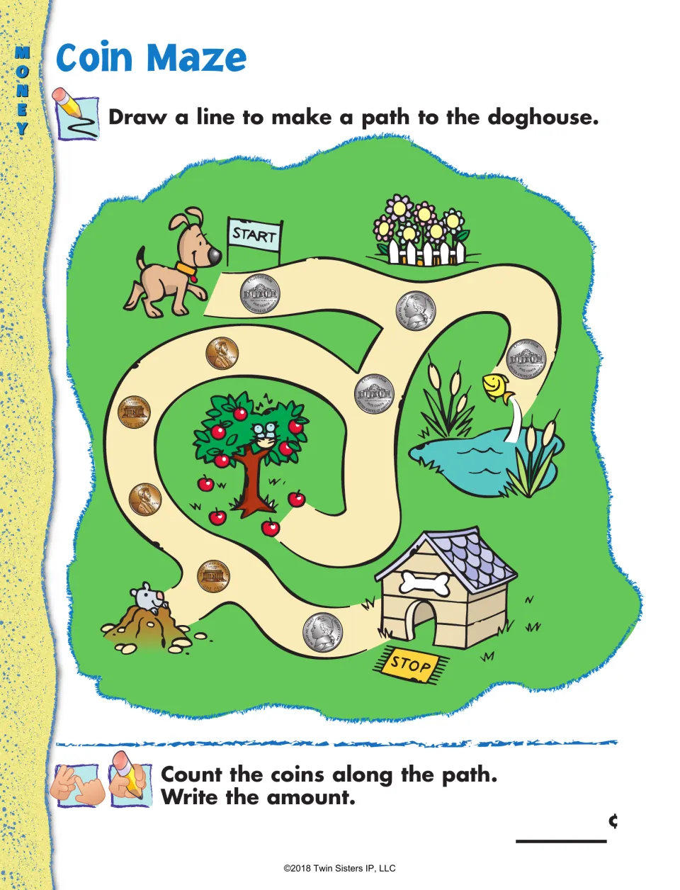Coin Maze: students draw a path from start to the doghouse, then count nickels and pennies along it and write the total