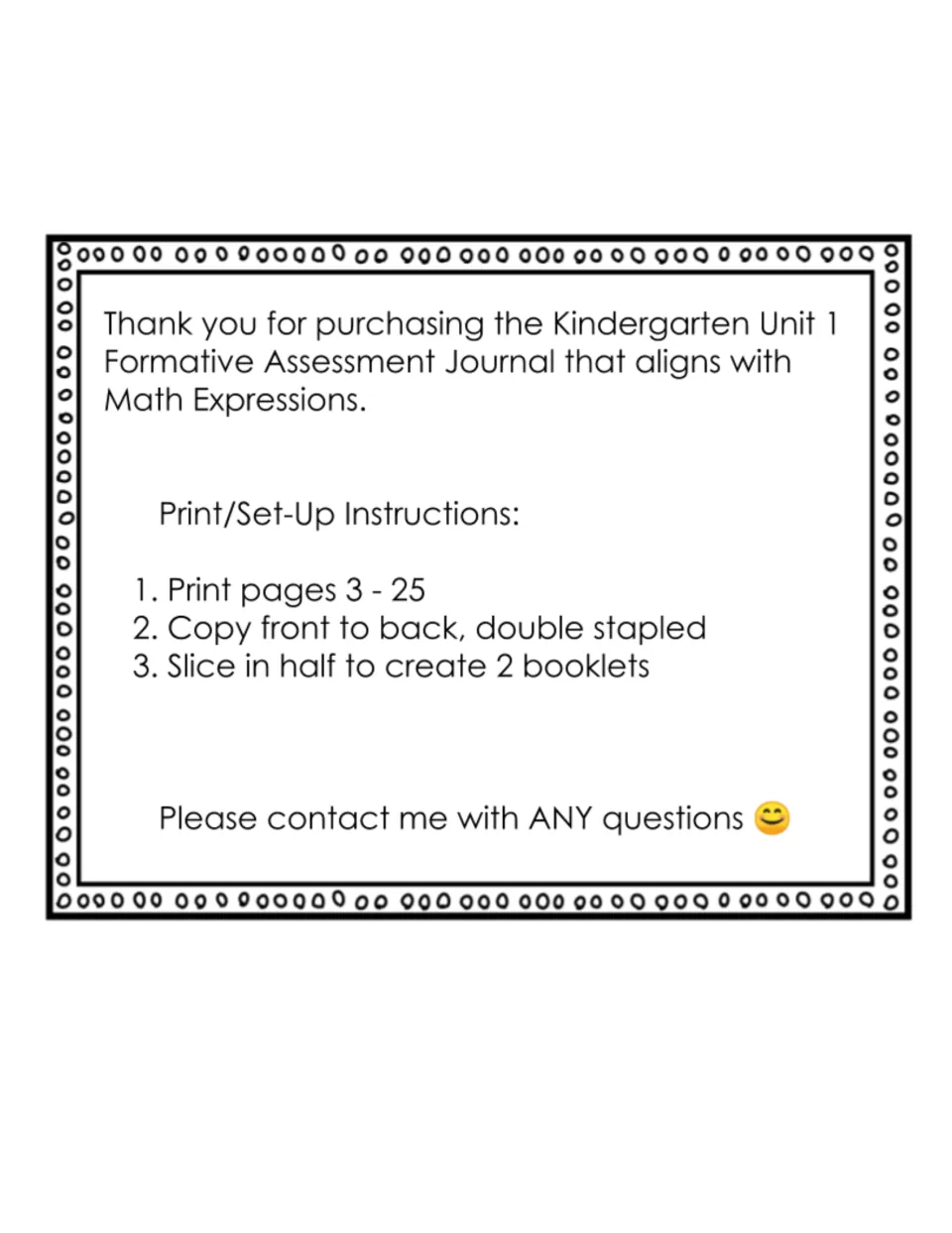Thank-you note and set-up steps: print pages 3-25, copy front to back, double staple, slice in half for 2 booklets