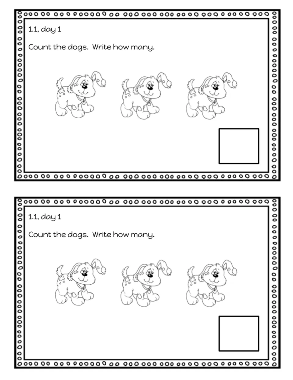 Counting exit slip 1.1, day 1: students count 3 cartoon dogs and write how many, printed twice per sheet for cutting